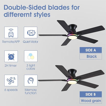 52" RGB Ceiling Fans with Lights and Remote/APP,Black Low Profile Ceiling Fans,Modern Flush Mount Ceiling Fans for Bedroom Kids Room