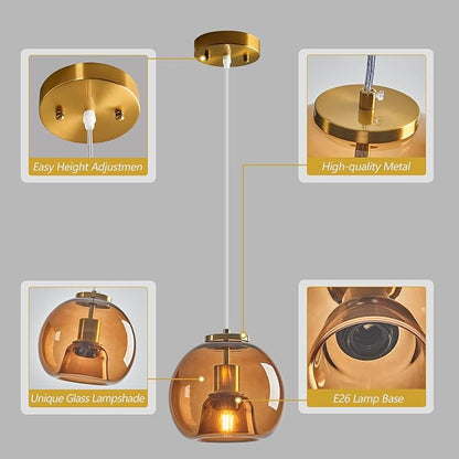 Brown Glass Pendant Lights Kitchen Island Gold Hanging Light Fixture Glass Globe Pendant Light Modern Pendant Lighting for Kitchen Island Bedroom Dining Room (7.87", 1 Pack)
