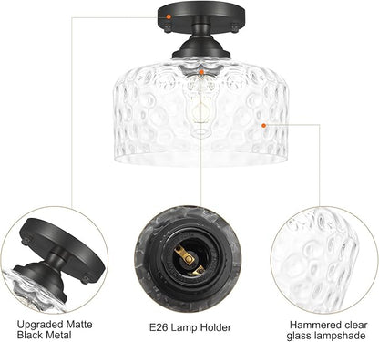 Daunton Small Semi Flush Mount Ceiling Light Fixture, Vintage Black Close to Ceiling Lighting with Hammered Glass Shade for Hallway, Kitchen, Entryway (Retro Design, Easy Install)