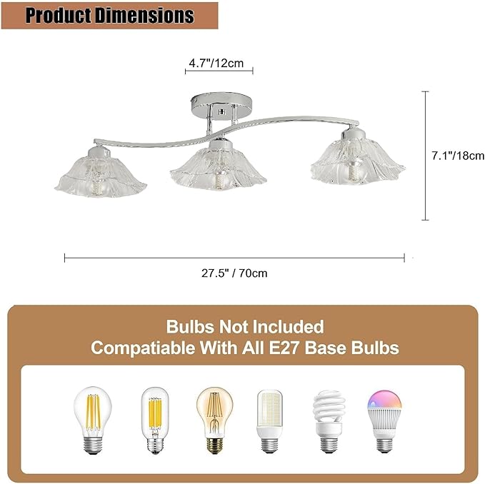 Semi Flush Mount Ceiling Light Fixture,3 Lights Modern Glass Shade Chandelier, Mini Ceiling Fixture for Entryway, Kitchen, Bedroom, Silver