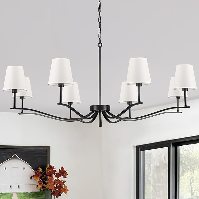 8 Light Black Chandelier with White Linen Shade 44'' Fabric Dining Room Chandeliers Over Table Transitional Living Room Chandeliers for Master Bedroom Entry Hanging Light Fixture Home Office Kitchen