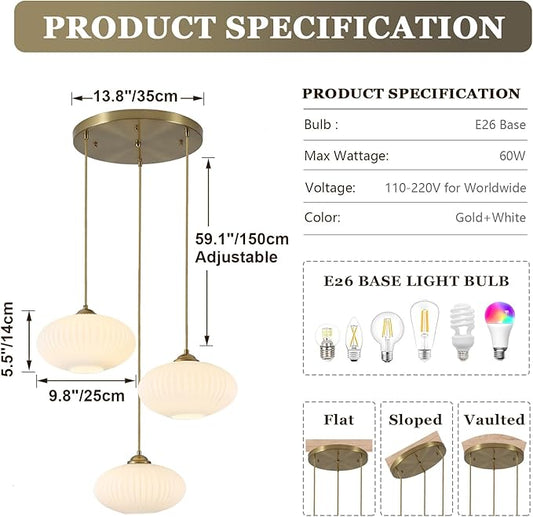 Large White Ribbed Glass Pendant Light Modern 3-Light Cluster Pendant Lighting Mid Century Globe Hanging Pendant Light Brass Gold Chandeliers for Dining Room Living Room
