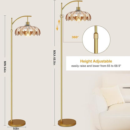 AHDWDW Gold Arc Floor Lamp for Living Room with Remote,Dimmable Modern Floor Lamps with Amber Glass Shade,Unique Vintage Flower Standing Tall Lamp,Mid Century Floor Lamps for Bedroom Office Corner