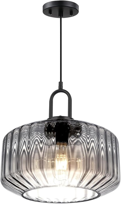 Gray Pendant Light Fixture Large Glass Pendant Light Fixture Vintage Industrial Ceiling Hanging Lights 11" Striped Wave Shade Black Metal Ceiling Hanging Lighting Farmhouse Kitchen