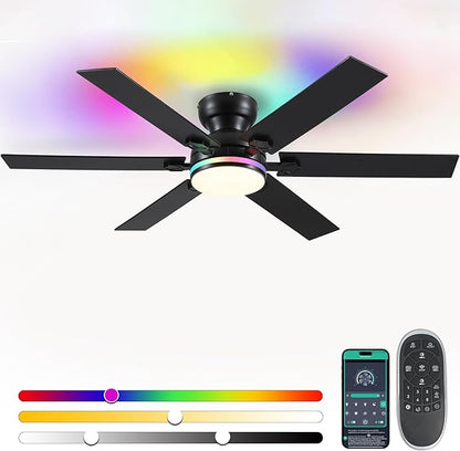 52" RGB Ceiling Fans with Lights and Remote/APP,Black Low Profile Ceiling Fans with Quiet Reversible DC Motor,Modern Flush Mount Fans Light for Bedroom Kids Room