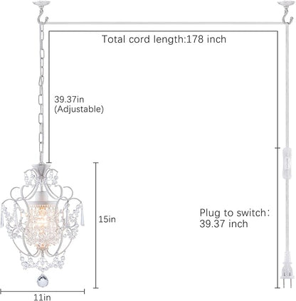 Plug in Chandelier Mini Crystal Chandelier White Retro Small Chandeliers Ceiling Light for Girls Bedroom,Farmhouse Plug in Pendant Light for Kitchen Island Bathroom Dining Room Closet
