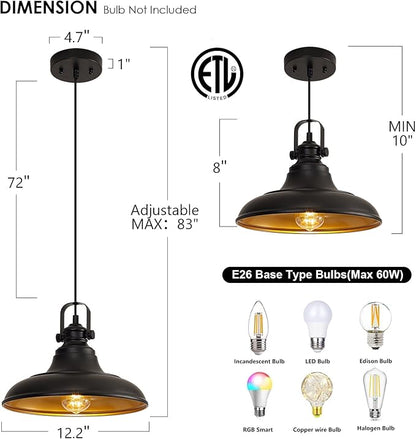 Black Pendant Lighting for Kitchen Island,Matte Blacks Farmhouse Pendant Lights Kitchen Island,Hanging Lighting Fixtures for Kitchens Dinning Room Bedroom Hallway,1 Pack