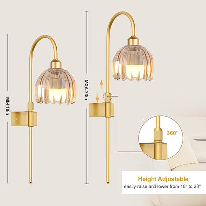 Vintage Battery Operated Wall Sconces Set of Two, Flower Wireless Rechargeable Battery Powered Wall Lights Lamp with Remote Control & Green Glass Lampshade,Gold Wall Sconces for Bedroom Living Room