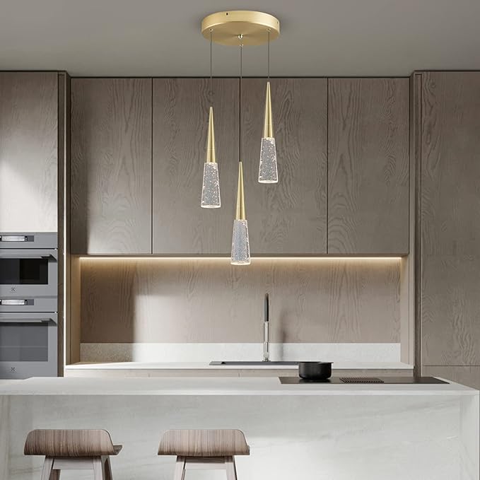JoollySun Modern Crystal Pendant Light: Gold 3 Cluster Hanging Light Fixtures for Kitchen Island Bathroom