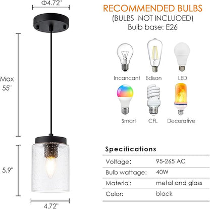 3 Pack Seeded Glass Pendant Light Black Pendant Lighting Modern Mini Hanging Lighting Adjustable Cord for Kitchen Island Dining Room Sink,4.7in