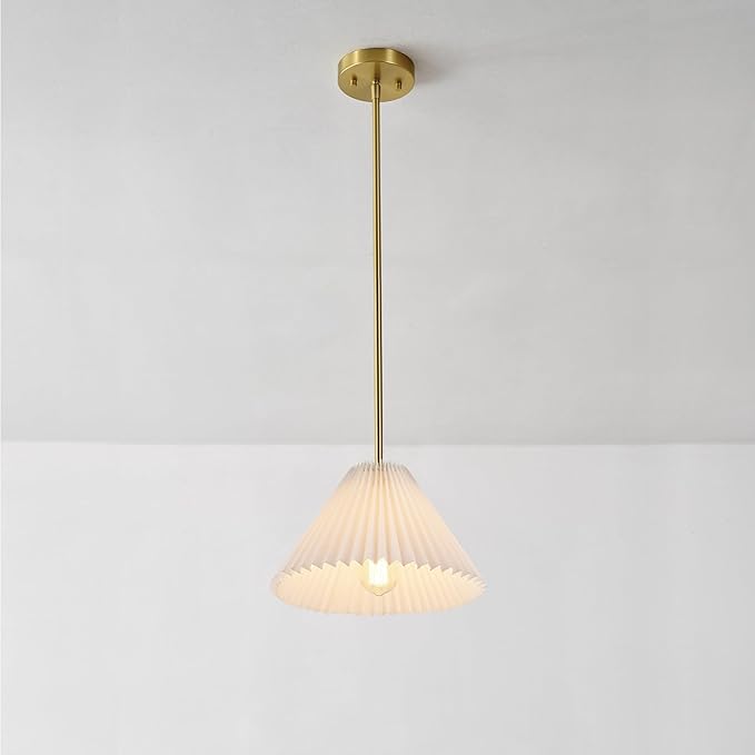 GLOBE Electric x Novogratz 67000103 1-Light Pendant Light Fixture, Matte Brass, Off-White Pleated Fabric Shade, Adjustable Hanging Height, Ceiling Lighting for Kitchen Island, Hallway, or Dining Room