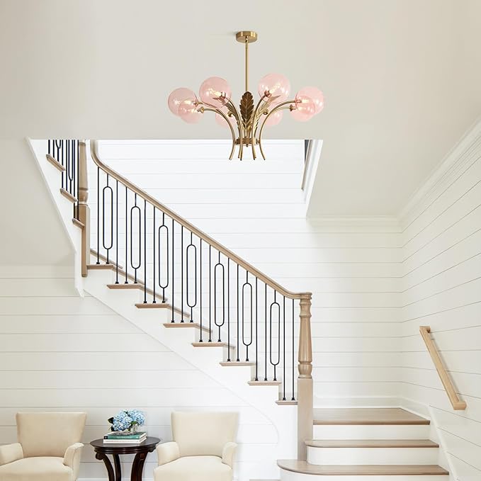 BOKT 8 Pink Ceiling Light Fixture Large Sputnik Vintage Gold Farmhouse Chandelier Rustic Lighting Glass Globe Pendant Lights for Dining Bedroom Living and Girls Room G9 Bulb Included