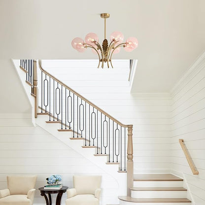 BOKT 8 Pink Ceiling Light Fixture Large Sputnik Vintage Gold Farmhouse Chandelier Rustic Lighting Glass Globe Pendant Lights for Dining Bedroom Living and Girls Room G9 Bulb Included