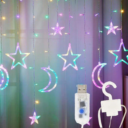 Star Moon Curtain Lights 138 LED, 7.5ft USB Powered Fairy String Lights with 8 Modes, Colorful (Pink Purple Green Warm White) Window Hanging Lights for Bedroom Kids Room Ramadan Eid Party Decor