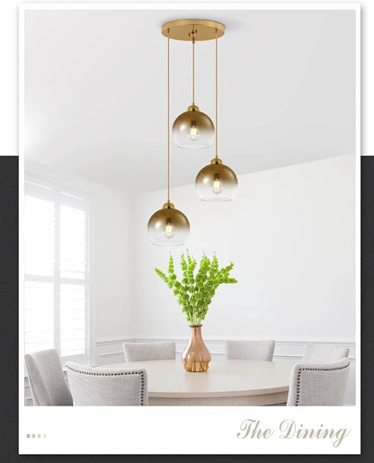 Modern Gradient Gold Glass Pendant Light,3-Light Globe Adjustable Hanging Pendant Light for Bedroom Kitchen Island Dining Room Stairwell