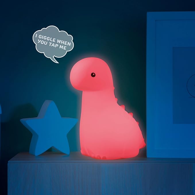 GLOBE Electric 13360 6" Triceratops and 9" Brontosaurus Giggling Dinosaur Duo Multicolor Changing Integrated LED Rechargeable Silicone Night Light, White, Table Lamps for Living Room, Bedroom, Den