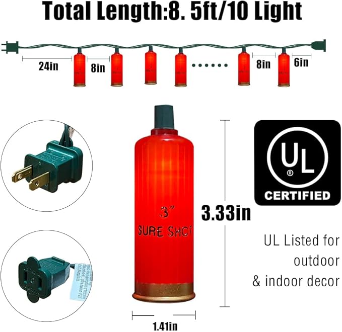 8.5FT LED Shotgun Shell String Lights with 10 Red Novelty 3D Bullets Holiday Decor for Christmas,Mexican Fiesta,Summer Parties,Indoor/Outdoor Patio Decor (Green Wire)