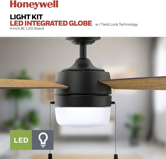 Honeywell Ceiling Fans Barcadero Contemporary 44 Inch Ceiling Fan with Light, Pull Chain, LED Indoor Fan with 3 Blades, Matte Black (51476-01)