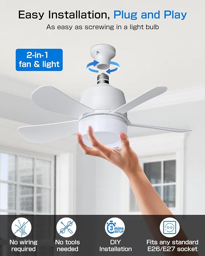 Eonini Socket Fan Light with Remote, 16" Ultra-Quiet 5-Blade Small Ceiling Fan with Light, 1000LM 3-Color Dimmable LED, 3 Speeds & 5 Brightness Levels, Screw-in E26 Base for Garage Bedroom Kitchen