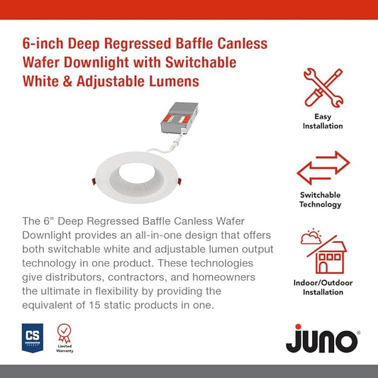 Juno LED Recessed Lights 6 Inch Round Wafer Downlight, 5-in-1 Switchable White Color Temperature, Adjustable Brightness, Deep Regressed Baffled Trim, 6-Inch, Matte White