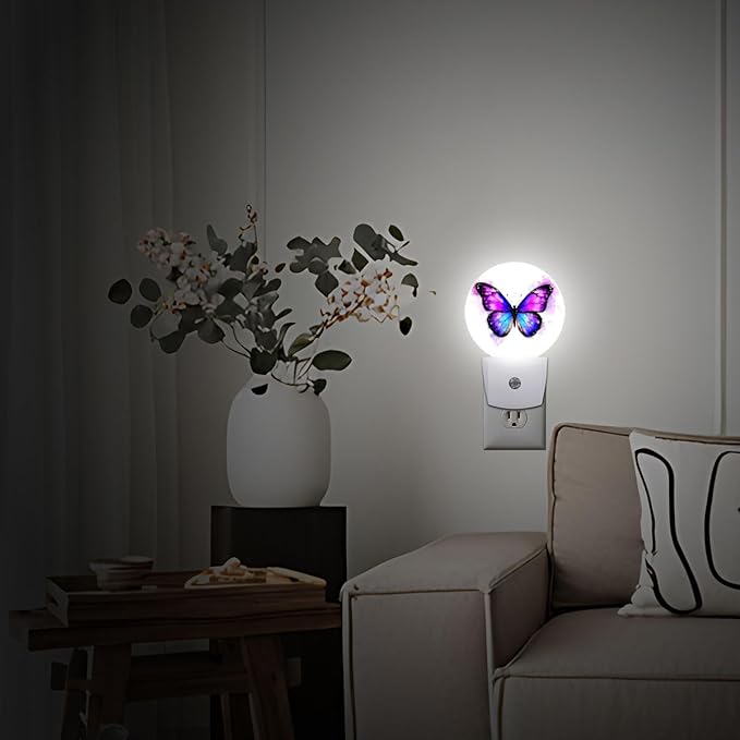 Purple Butterfly Night Light Plug Into Wall Auto Led Sleep Round Lamp for Living Room Hallway Stairs