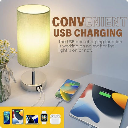 Yarra-Decor Bedside Lamp with USB Port - Touch Control Table Lamp for Bedroom 3 Way Dimmable Nightstand Lamp with Round Denim Fabric Shade for Living Room, Dorm, Home Office (LED Bulb Included)