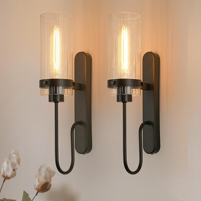 Bathroom Sconces Set of 2, Black Modern Vanity Lights with Clear Glass Shade, Indoor Farmhouse Wall Sconce for Living Room, Bedroom, Hallway, Stairwell and Kitchen