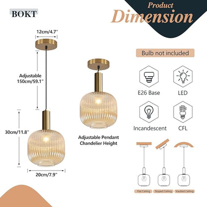 BOKT Modern Large Amber Glass Globe Pendant Light Fixture Brushed Brass Gold Kitchen Island Pendant Lighting Farmhouse Single 1-Light Spherical Ceiling Hanging Pendant Light (Amber)