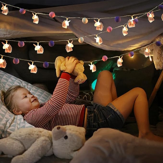 9.85FT Unicorn Decor String Lights with 20 Cute PomPoms 20 Pink Unicorn LED Lights Battery Operated with Timer Decor for Kids Bedroom Birthday Party Kids Playhouse Christmas Home Room Decorations