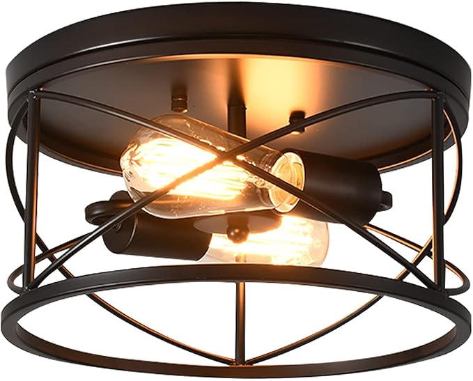 2-Light Flush Mount Black Ceiling Light Fixture, Farmhouse Vintage Industrial Metal Cage, Dimmable for Hallway Kitchen Bedroom Living Room Laundry Utility Room Closet Bathroom Entryway Office