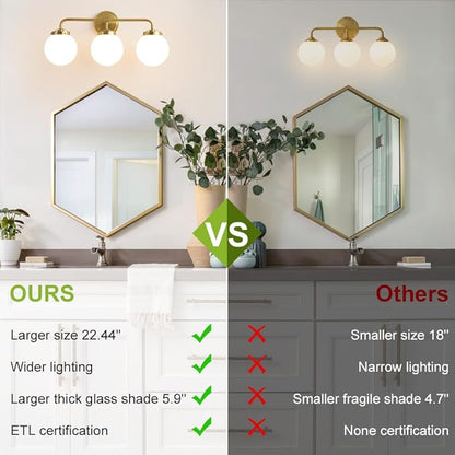 Gold Bathroom Vanity Light Fixtures Over Mirror, 22.4'' Modern Brass 3 Lights Wall Sconce with Milky Glass Ball Shade, Mid Century Farmhouse Vanity Lighting