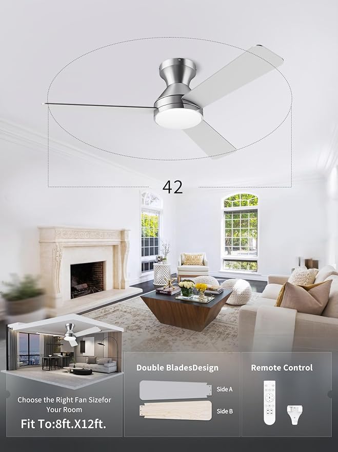 LANMEL Ceiling Fan with Light, Modern Flush Mount Low Profile with Remote Control, Reversible, 3CCT Dimmable, Quiet,LED for Bedroom, Living Room, Indoor/Outdoor Patio Use 42 Inch Silver