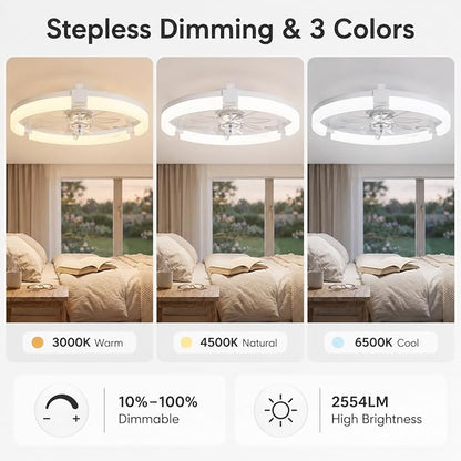 19" Low Profile Ceiling Fan with Lights and Remote, Modern White Flush Mount Bladeless Ceiling Fan, App Control Smart Fandelier, 6 Speeds Reversible Motor, Dimmable LED Fan Light for Bedroom, Kitchen