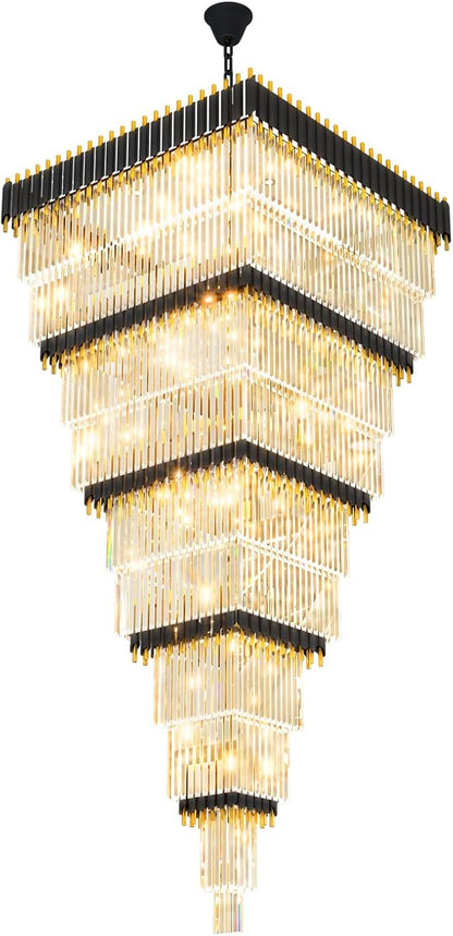 W40 x H120 Large Black Gold Chandeliers for High Ceiling, 37-Light Square Tiered K9 Crystal Raindrop Chandelier, Adjustable Height Luxury Pendant Light for Staircase, Villa Foyer, Entryway