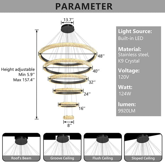 47" 6 Ring Crystal Chandelier Modern LED Dimmable Ring Pendant Light Chandelier for Dining Room Living Room Black
