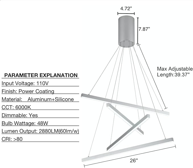 Modern 4-Light Dimmable LED Linear Chandelier Pendant Light, 6000K Cool White Adjustable Hanging Lighting Fixture for Kitchen Island, Dining Room, Office, Silver Metal Commercial Home Lighting