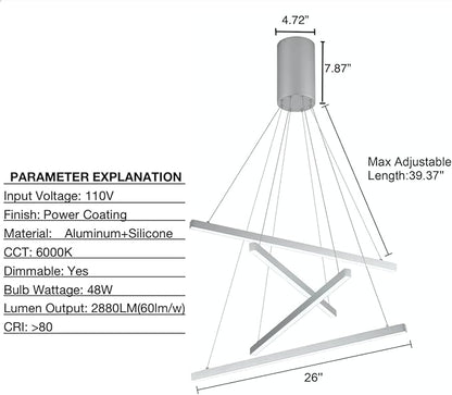 Modern 4-Light Dimmable LED Linear Chandelier Pendant Light, 6000K Cool White Adjustable Hanging Lighting Fixture for Kitchen Island, Dining Room, Office, Silver Metal Commercial Home Lighting