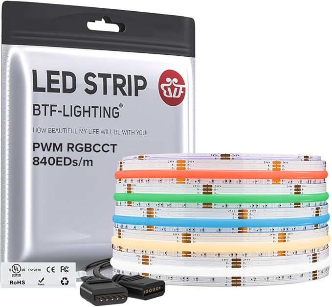 BTF-LIGHTING FCOB COB RGBCCT Color Changing LED Strip,UL Listed 840LED/m High Density 16.4FT RGB+Tunable White 3000K-6000K DC12V 12mm Width Flexible Light for Home Decor(No Adapter or Controller)