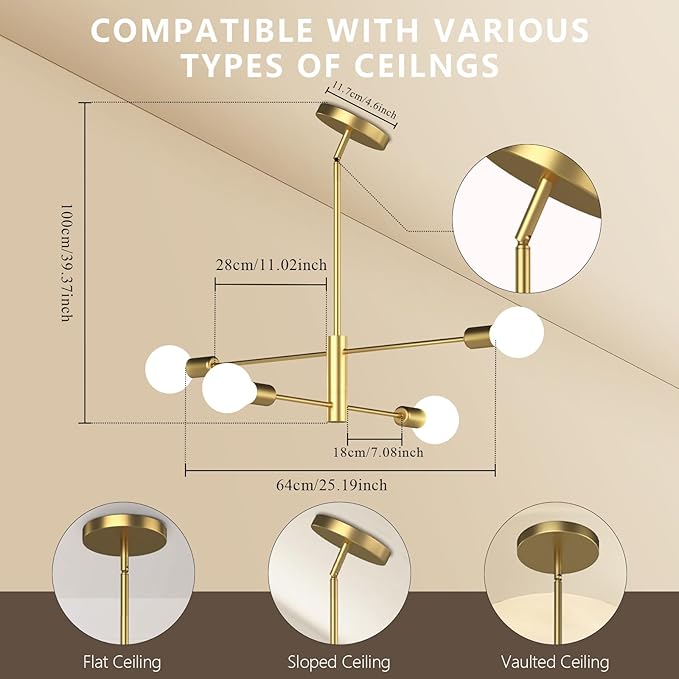 Gold Modern Sputnik Chandelier, 4-Lights Mid Century Chandeliers Flush Mount Sputnik Lights Fixture for Dining Room, Living Room,Kitchen Island Height Adjustable (Bulbs Not Included)