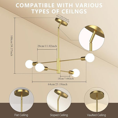 Gold Modern Sputnik Chandelier, 4-Lights Mid Century Chandeliers Flush Mount Sputnik Lights Fixture for Dining Room, Living Room,Kitchen Island Height Adjustable (Bulbs Not Included)