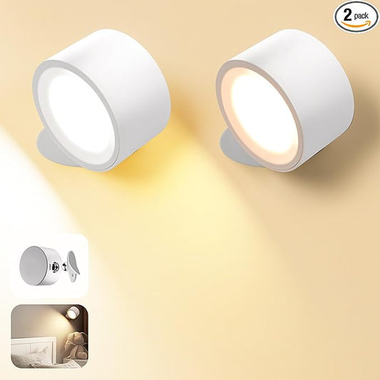 Wall Mounted Lamp LED Wall Lights with Rechargeable Battery Operated, 3 Color Temperatures & 3 Brightness Levels 360°Rotate Magnetic Ball, Cordless Sconces for Reading Bedroom Bedside,White-2 Pack