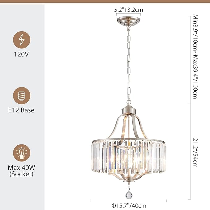 Modern Crystal Chandeliers Round 4-Light Large Brushed Nickel Pendant Lighting Fixture for Dining Room Living Room Kitchen Island Bedroom Hallway Hall Foyer, 15.7"