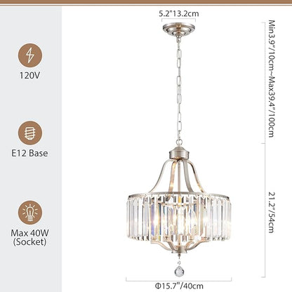Modern Crystal Chandeliers Round 4-Light Large Brushed Nickel Pendant Lighting Fixture for Dining Room Living Room Kitchen Island Bedroom Hallway Hall Foyer, 15.7"