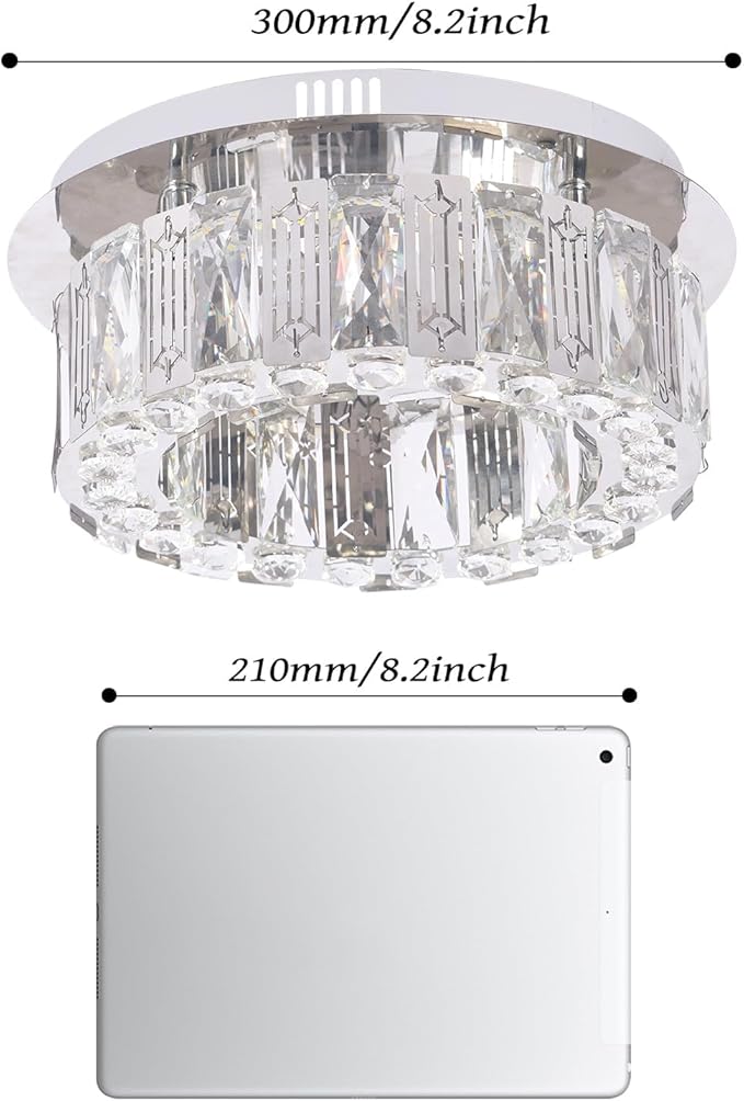 11.8" Dimmable Crystal Chandelier Modern LED Flush Mount Mini Ceiling Light Fixtures with Remote Control Crystal Round Chandeliers Light for Hallway Bedroom Kitchen
