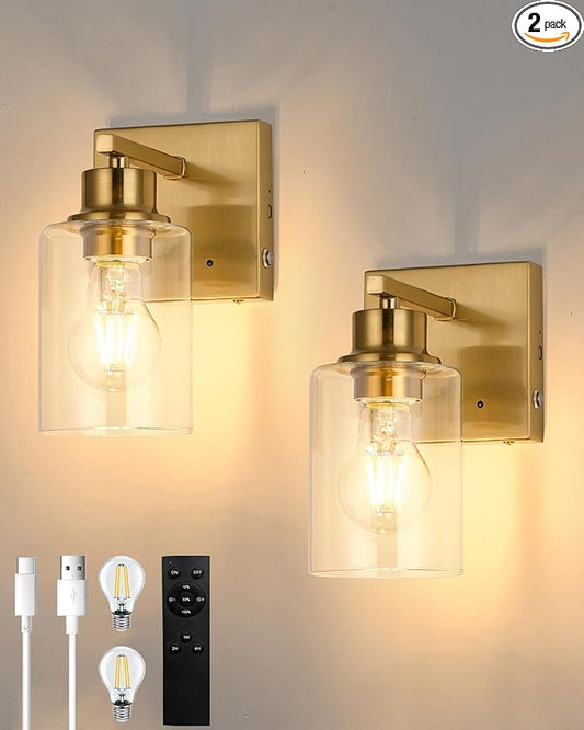 Rayogale Rechargeable Wall Sconce, Gold Battery Operated Wall Sconce Set of 2 with Timer Function, Easy Install Dimmable Wireless Wall Lamps for Living Room, Bedroom, Hallway, Entryway Decor 3000K