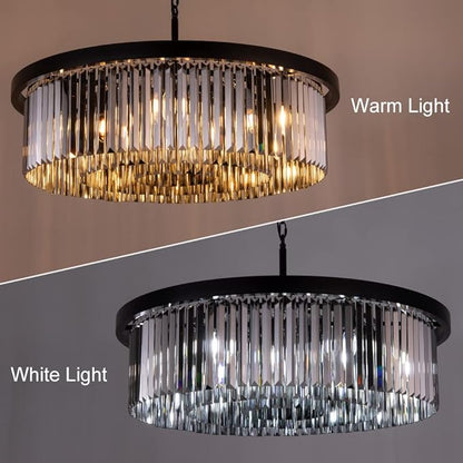 Wellmet Crystal Chandeliers for Dining Room,9 Lights Modern Black Crystal Pendant Light,Farmhouse Chandelier for Bedroom,Ceiling Lighting Fixture for Kitchen Island,Living Room,Hallway,W-33.46”