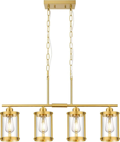 4-Light Kitchen Island Lighting, Brushed Gold Linear Dining Room Light Fixtures with Clear Glass, Modern Mid Century Chandelier Pendant Light for Kitchen Island Dining Room, OS-3014-4ISBG