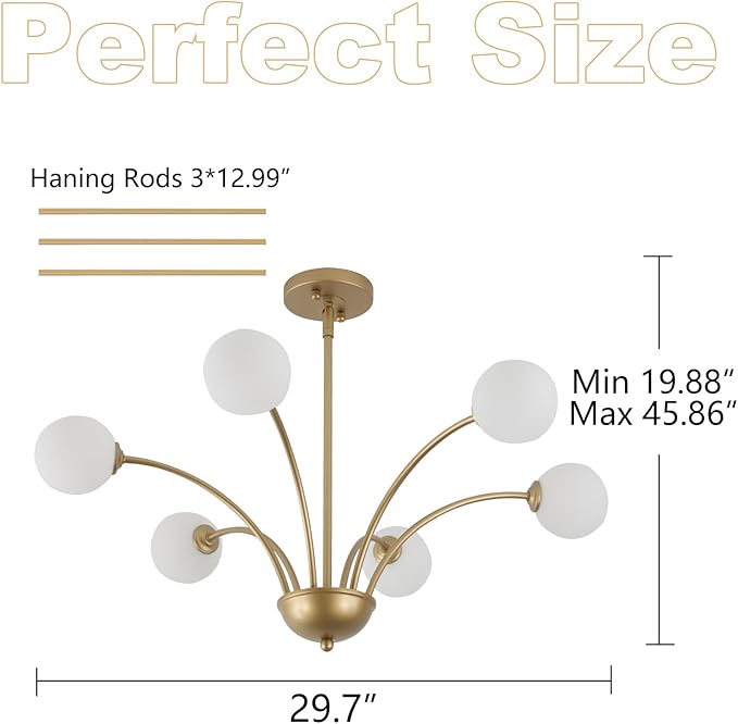 29.7” Modern Gold Chandelier 6-Lights Modern Vintage Golden Chandelier Light Fixture Rustic Farmhouse Glass Chandeliers for Dining Room, Kitchen Island, Bedroom, Living Room, Foyer, G9