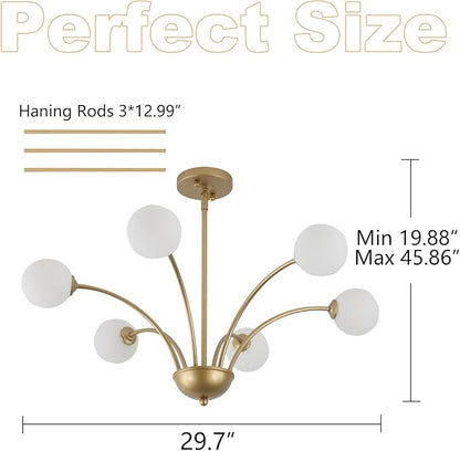 29.7” Modern Gold Chandelier 6-Lights Modern Vintage Golden Chandelier Light Fixture Rustic Farmhouse Glass Chandeliers for Dining Room, Kitchen Island, Bedroom, Living Room, Foyer, G9