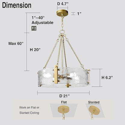 IKK Modern Textured Glass Chandelier, Gold Dining Room Chandelier, Elegant Drum Farmhouse Crystal Light Fixture, Round Lighting for Living Room, Foyer Kitchen Island Bedroom Bathroom D=21